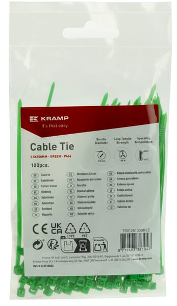 Kramp Green Cable Tie 2.5X100mm, 100Pcs Tr0125100gree